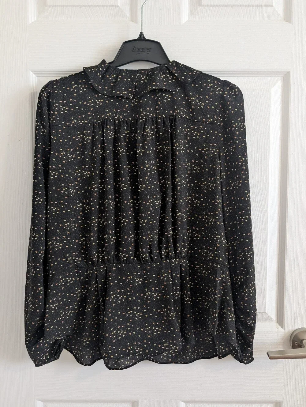 Cabi Eros Blouse Black Heart Print Ruffle Long Sleeve Blouse  Feminine Chic - M - Picture 2 of 11